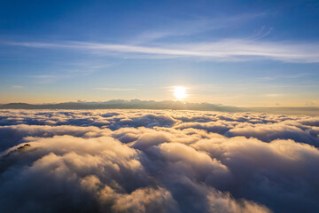 Beautiful aerial view at sunrise and cloudy or misty with blue sky.