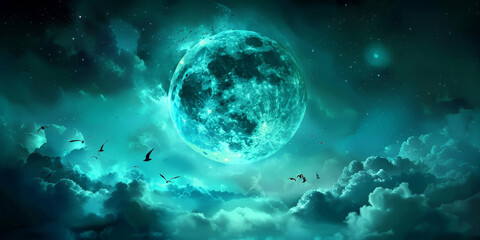 green  night sky with green moon and clouds backhround, green halloween background, scary spooky night
