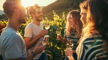 Eco tourists enjoying wine on a vineyard