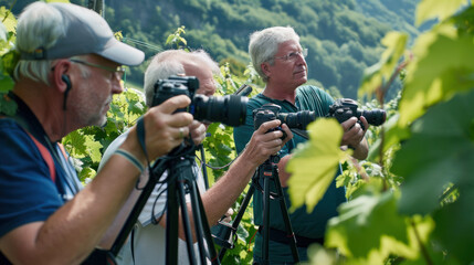 Group of wine journalists, photographers and video makers, filming on a vineyard - obrazy, fototapety, plakaty