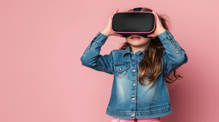 Young girl exploring new world with virtual reality headset, studio shot on pink background
