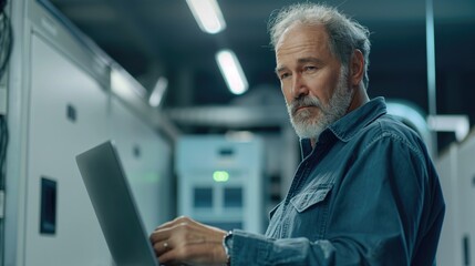 Obraz premium Thoughtful serious mature senior man computer engineer working with laptop and industrial facilty or production lant A man wearing glasses is sitting with a laptop AI generated image