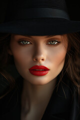 A portrait of an attractive woman with red lipstick wearing a black hat. Glamour portrait of beautiful sexy young female woman on black background.