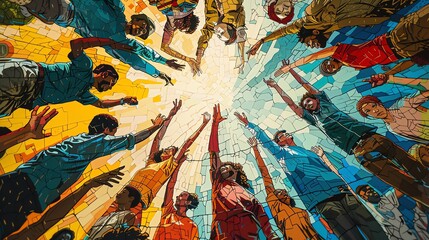 Craft a striking low-angle composition showcasing a vibrant mural filled with people from various cultures engaging in everyday activities, rendered in a bold, graphic novel style with intricate detai