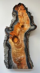 A piece of wood with a hole in it, is hanging on a white wall as a unique art piece, combining gesture and pattern in a creative way.