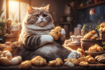 An obese cat sits on a couch surrounded by a lot of sweet food.