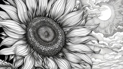 Beautiful sunflower sketch under cloudy sky