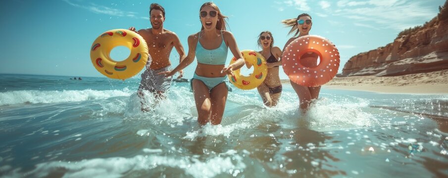 Vintage photograph capturing a group of friends joyfully running towards the seaside beach, each carrying inflatable donuts.