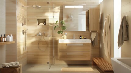 Stylish and cozy minimalist bathroom with wooden finishes and modern amenities