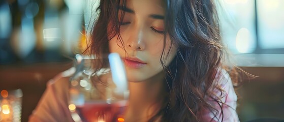 Upset young Asian woman drinking wine alone looking heartbroken and intoxicated. Concept Loneliness, Heartache, Unhappiness, Emotional Distress, Alcohol Consumption