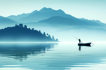 A man is fishing in a lake surrounded by mountains