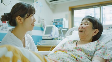 病室で看護師のケアを受ける日本人の笑顔の高齢女性 - obrazy, fototapety, plakaty