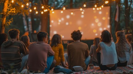 Naklejka premium A group of people are sitting on a blanket in a forest