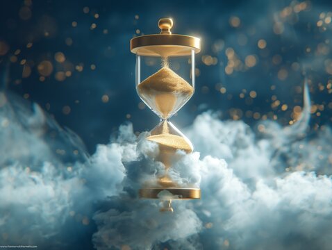 A gold hourglass is suspended in the air above a cloud of smoke. The smoke is billowing and swirling around the hourglass, creating a sense of movement and mystery