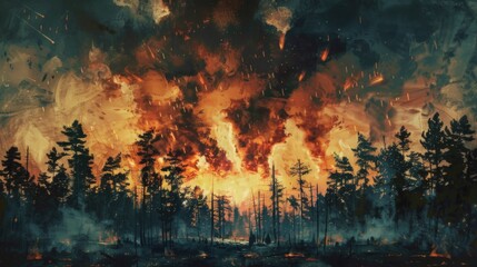 Dramatic painted background depicting forest fires, explosions, and the chaos of war.