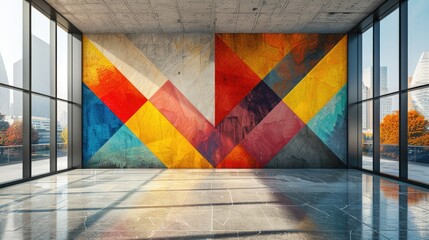 Vibrant geometric mural with bold colors in an urban building with large glass windows and a view...