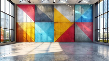 Eye-catching abstract design of colorful shapes on a concrete wall, within a modern architectural space and natural light