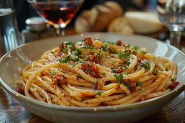 A close-up of a succulent dish of spaghetti garnished with bacon bits and sprinkled with herbs, ready for a gourmet meal