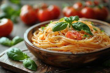Beautiful rustic bowl filled with pasta and tomato sauce, garnished with fresh basil – a classic Italian comfort food