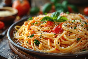 An inviting plate of al dente spaghetti mixed with ripe cherry tomatoes, garnished with fresh basil and grated cheese