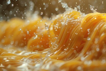 A mesmerizing close-up of pasta being swirled in water, capturing the dynamic movement of droplets