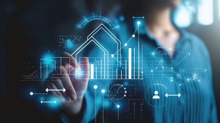 Generative AI Businessman hand operating touch digital technology overlay building of real estate house icon