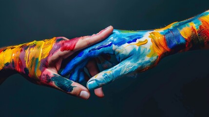 Artistic portrayal of painted hands reaching out to each other, symbolizing connection, unity, and compassion.