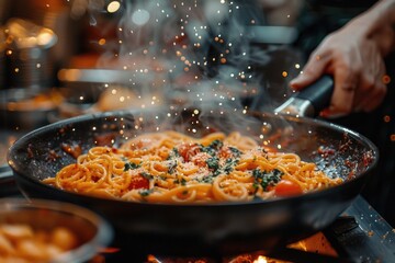 An expert chef skillfully flambees a pan of spaghetti, sending a shower of sparkles above the sizzling dish