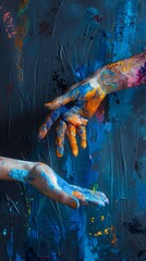 Artistic portrayal of painted hands reaching out to each other, symbolizing connection, unity, and compassion.