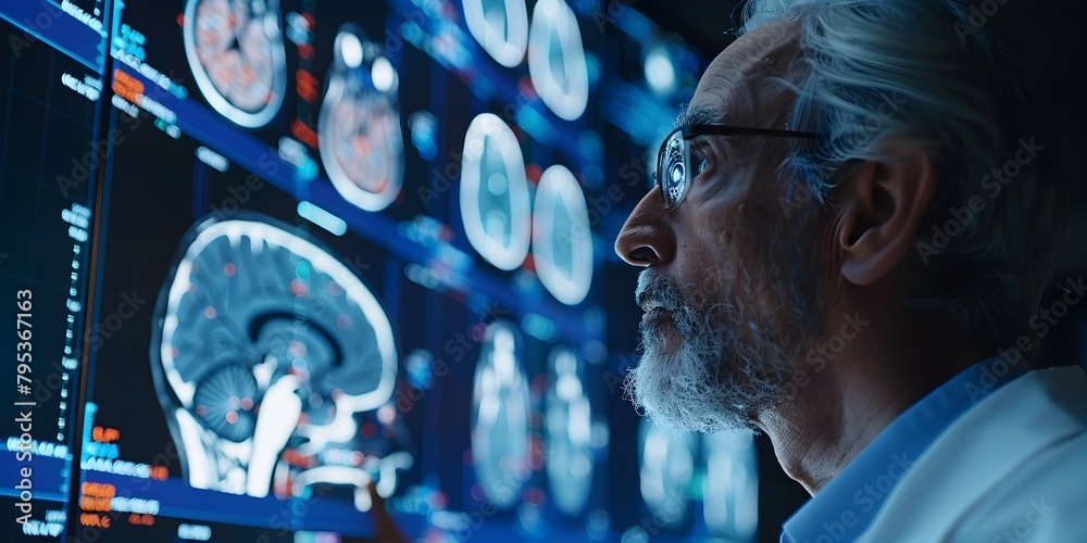 Poster neurologist utilizing advanced visualization technology to study brain nerve activity for enhanced t