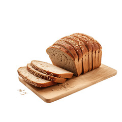 A loaf and slices of sliced buckwheat bread on a white background