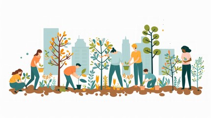 A heartwarming scene of eco-volunteers, comprised of happy adults and children.