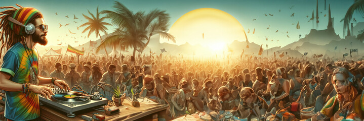 DJ on International Reggae Day celebration banner. Ragga Jamaican dance music holiday