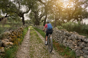 active senior woman cycling with her electric mountain bike in the rough landscape of National Parc Serra de São Mamede near Marvao in central Portugal, Europe - 795369530