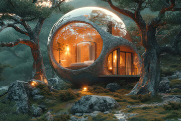 Modern Bubble House in the Natural Landscape extreme closeup. Generative AI