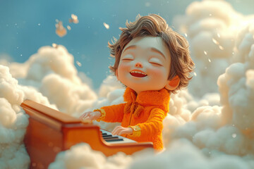 Happy Cartoon Boy Playing Piano in the Clouds extreme closeup. Generative AI