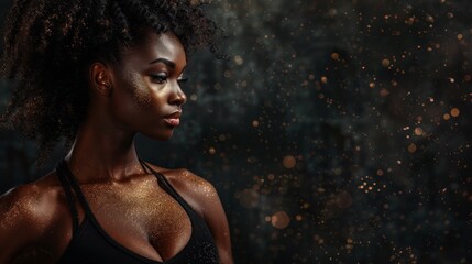 Sporty beautiful afro-american model, athlete woman with golden glitter on black background