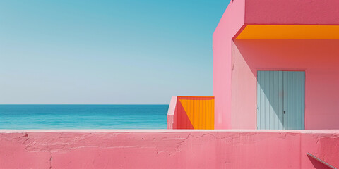 Urlaubslandschaft in Pink Orange mit weitem Blick in die Ferne. Sonnige Ansicht mit Strukturierten Geometrien. KI generiert.