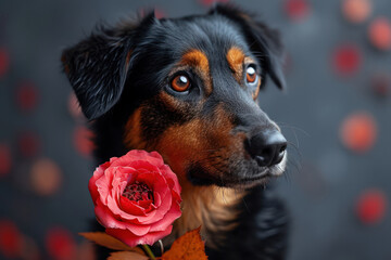 Beautiful Cute Dog with Rose Flower extreme closeup. Generative AI