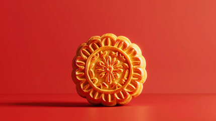 A vibrant Mid-Autumn Festival mooncake adorned with intricate designs, set against a solid color background with subtle festive accents.