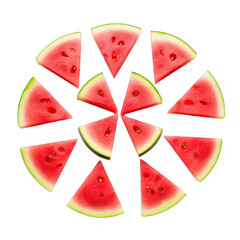 A lot of watermelon slices arranged on white background