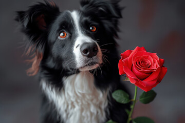Beautiful Cute Dog with Rose Flower extreme closeup. Generative AI