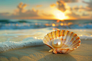 pearl on shell in a beach generated by AI
