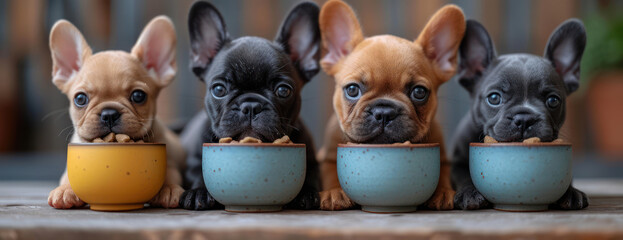 Baby French Bulldogs  in front of Bowls of Dog Food extreme closeup. Generative AI