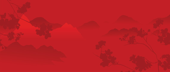 Obraz premium Happy Chinese new year background vector. Luxury wallpaper design with chinese flower, mountain on red background. Modern luxury oriental illustration for cover, banner, website, decor.