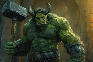 Large Well Muscled Green Demon Orc with Big Hammer extreme closeup. Generative AI