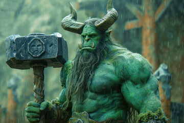 Large Well Muscled Green Demon Orc with Big Hammer extreme closeup. Generative AI