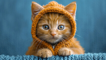 Cute Kitten Dressed in Yellow Winter Clothes extreme closeup. Generative AI