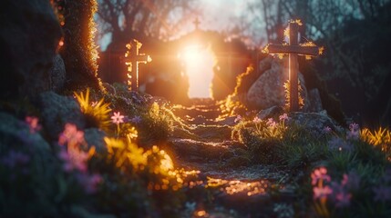 Obraz premium An artistic depiction of the Resurrection of Jesus Christ, featuring an empty tomb with a focus on the shroud and defocused crosses in the background, illuminated by flare lights effects.