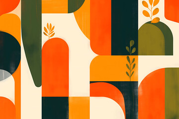 a painting of a tree with leaves and a yellow and orange background.